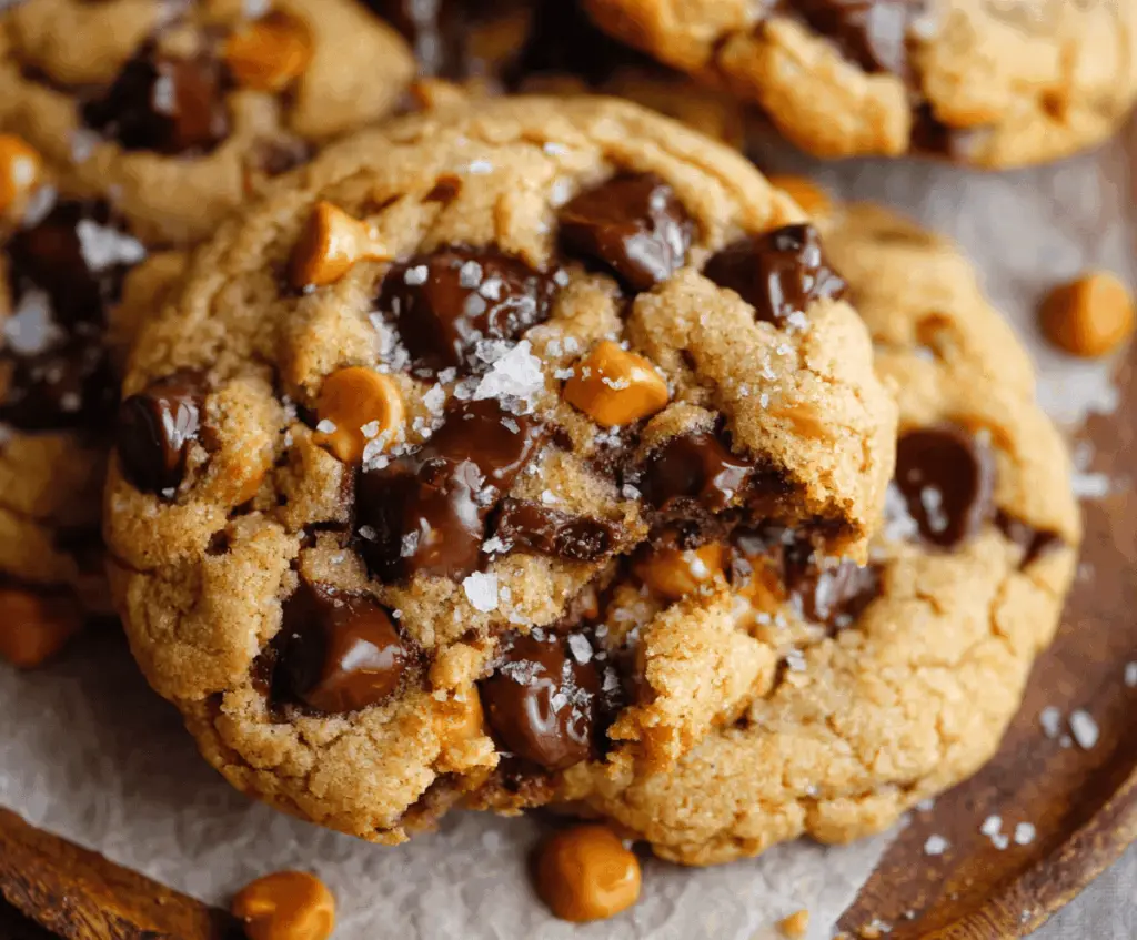 Delicious homemade butterscotch chocolate chip cookies topped with sea salt on a rustic plate.