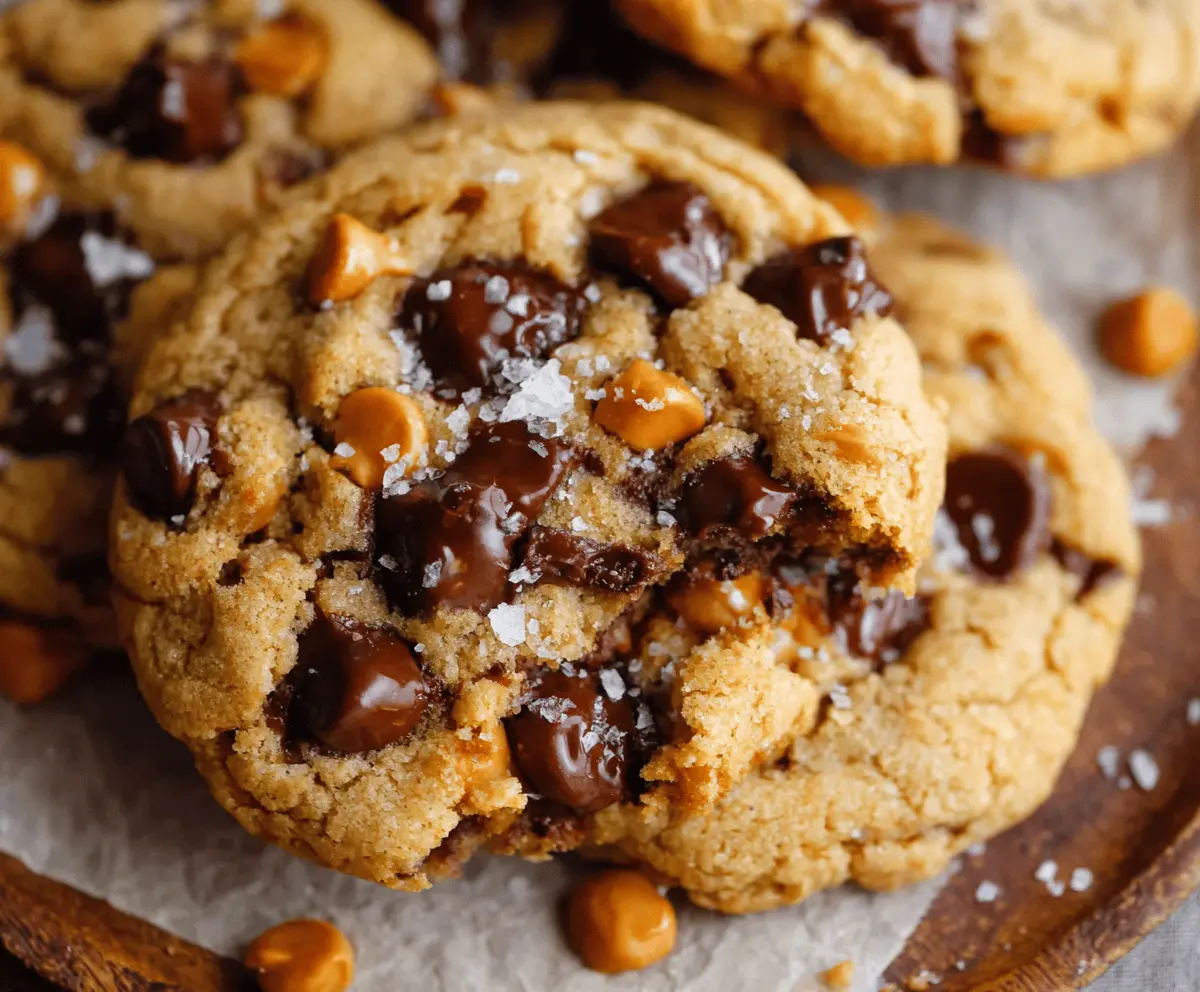 Delicious homemade butterscotch chocolate chip cookies topped with sea salt on a rustic plate.