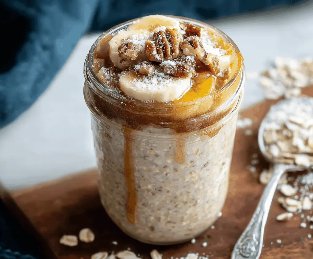 Creamy brown sugar overnight oats in a jar topped with fresh berries for a healthy breakfast.