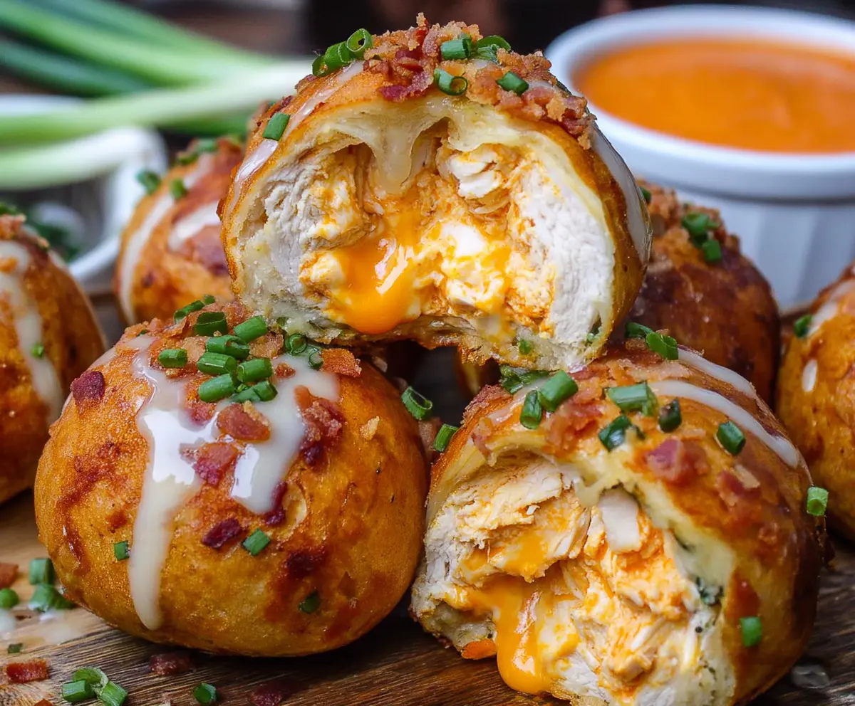 Delicious Buffalo Chicken Bacon Mozzarella Bombs, crispy and cheesy appetizer with spicy buffalo sauce and savory bacon bits.