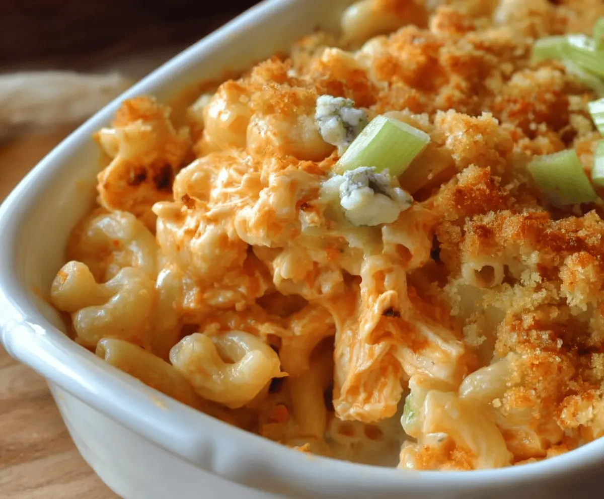 Creamy buffalo chicken mac and cheese in a baking dish, topped with melted cheese and crispy chicken pieces.