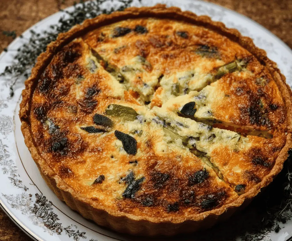 Delicious homemade butternut squash and sage quiche served on a white plate.