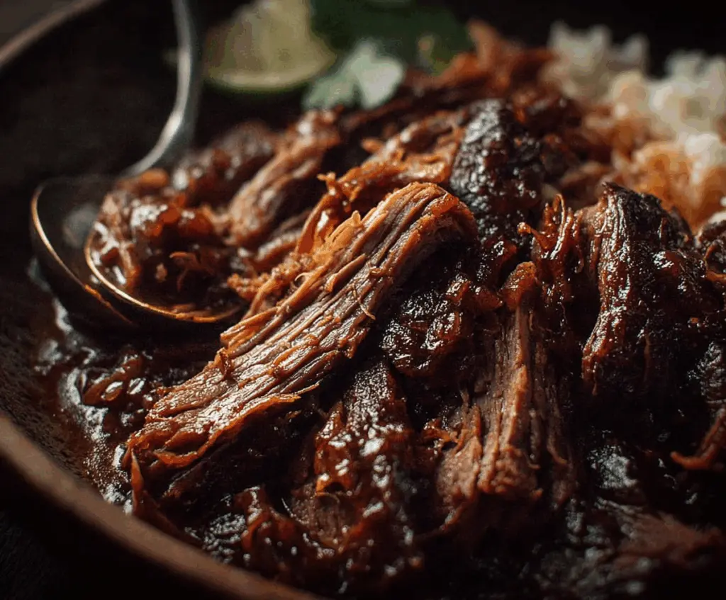 Delicious caramelized pulled beef brisket on a serving plate garnished with herbs