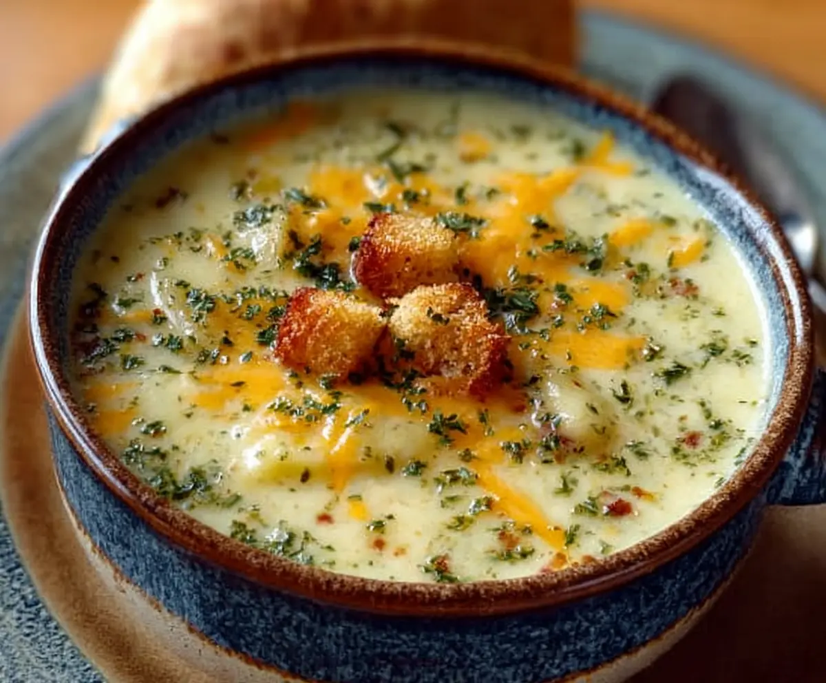 Creamy cheddar herb potato soup served in a bowl, garnished with fresh herbs and cheese.