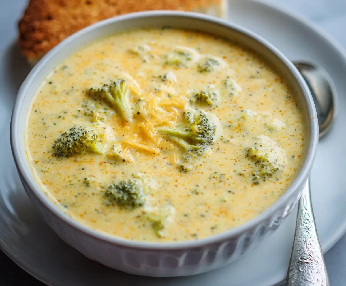 Creamy cheesy broccoli soup in a bowl with fresh broccoli florets and melted cheese on top.