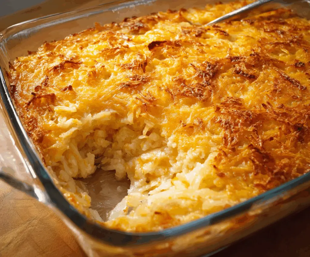 Delicious cheesy hashbrown casserole with melted cheese and golden crispy topping, perfect for breakfast or brunch.