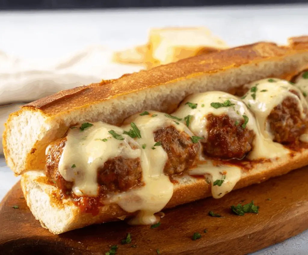 Delicious cheesy meatball subs with melted cheese and savory meatballs in crusty bread.