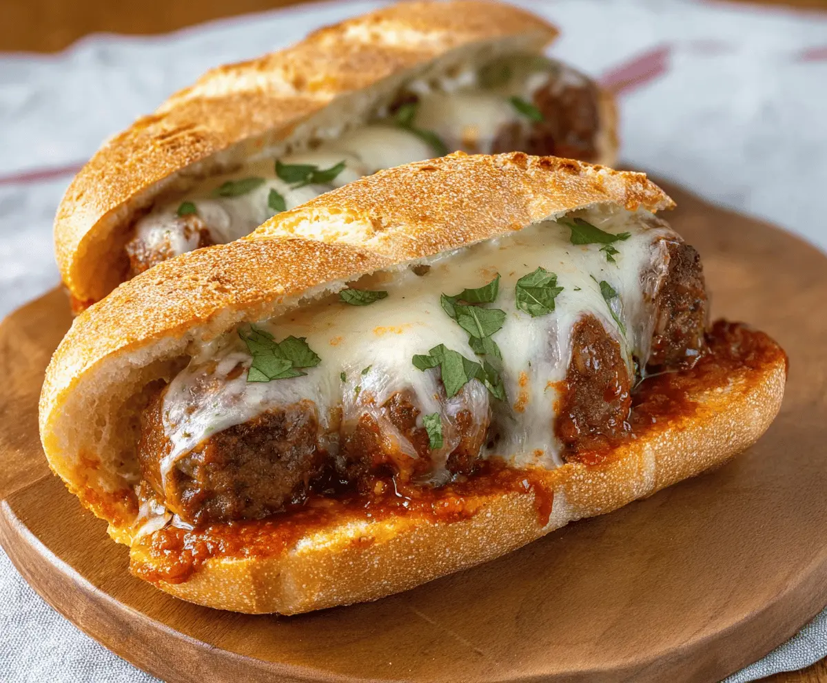 Delicious cheesy meatball sub sandwich with melted cheese and savory meatballs in a crispy bun
