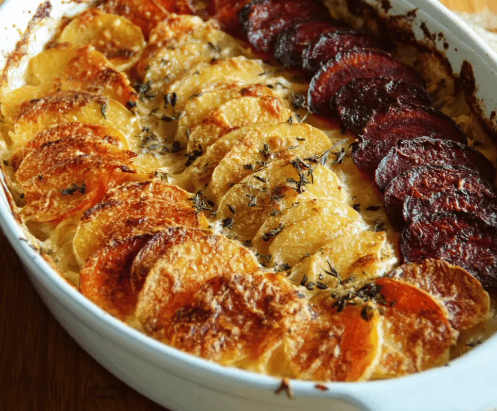 Delicious Cheesy Root Vegetable Gratin in a baking dish, showcasing layers of tender root vegetables topped with melted cheese.