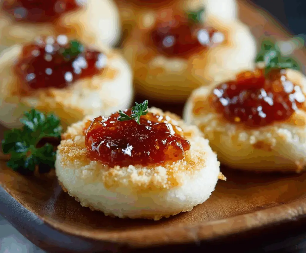 Delicious cheesy thumbprint appetizers topped with hot pepper jelly on a platter.