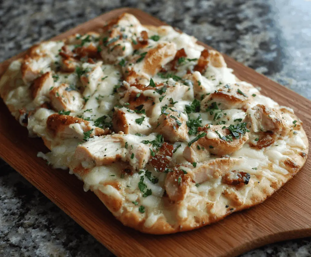 Delicious Chicken Alfredo Flatbread topped with chicken, creamy Alfredo sauce, and melted cheese.