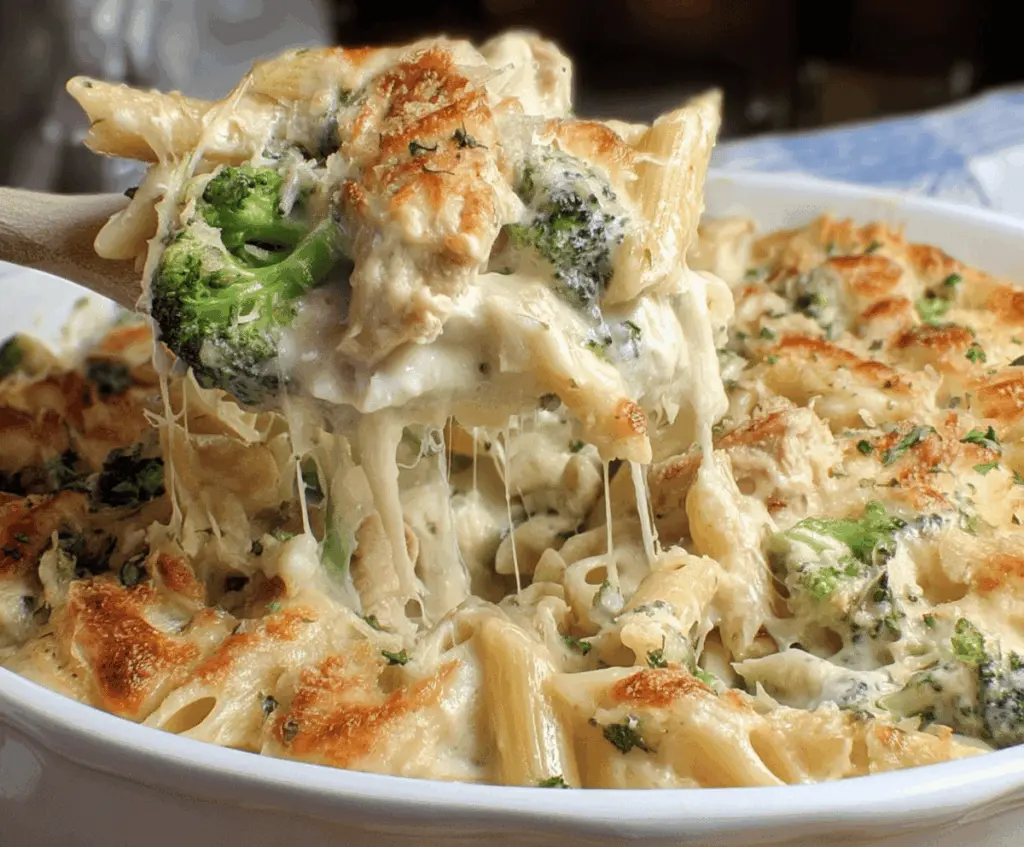 Delicious Chicken and Broccoli Alfredo Bake in a baking dish with creamy sauce and melted cheese.