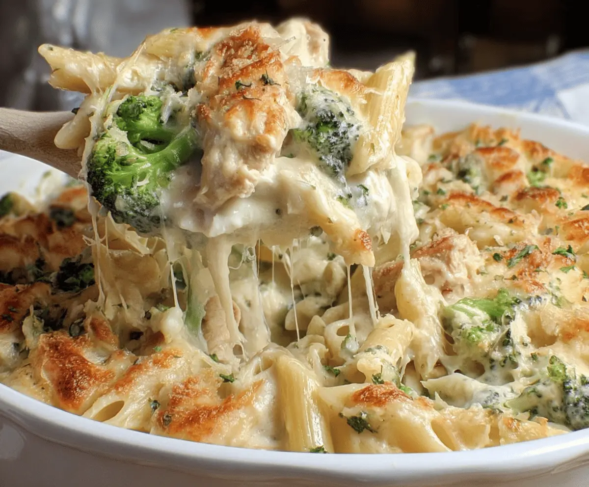 Delicious Chicken and Broccoli Alfredo Bake in a baking dish with creamy sauce and melted cheese.