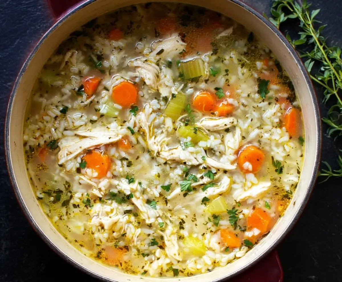 Hearty chicken and rice soup in a bowl with vegetables and herbs