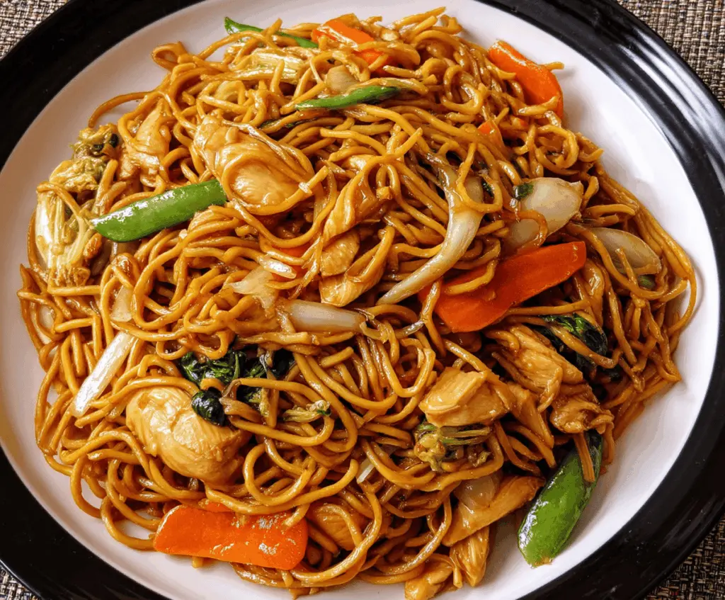 Delicious Chicken Chow Mein with stir-fried noodles and colorful vegetables on a plate