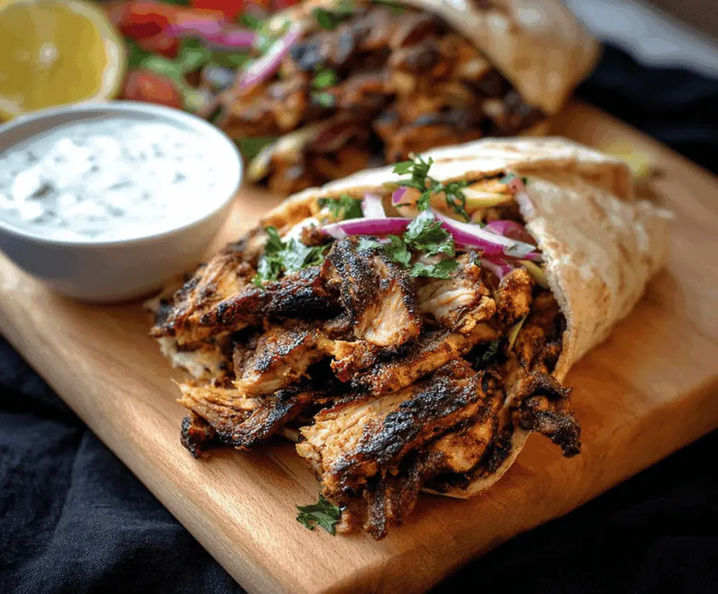 Delicious Chicken Shawarma with creamy garlic sauce served on a platter