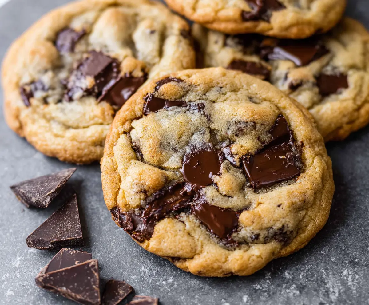 Delicious homemade chocolate chip cookies fresh from the oven, showcasing gooey chocolate chunks and golden-brown edges.