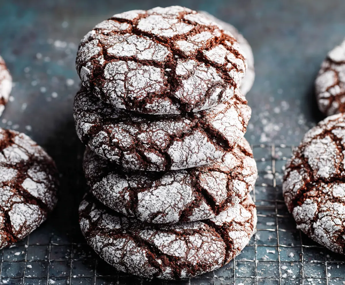 Delicious chocolate crinkle cookies with a cracked surface and powdered sugar dusting.