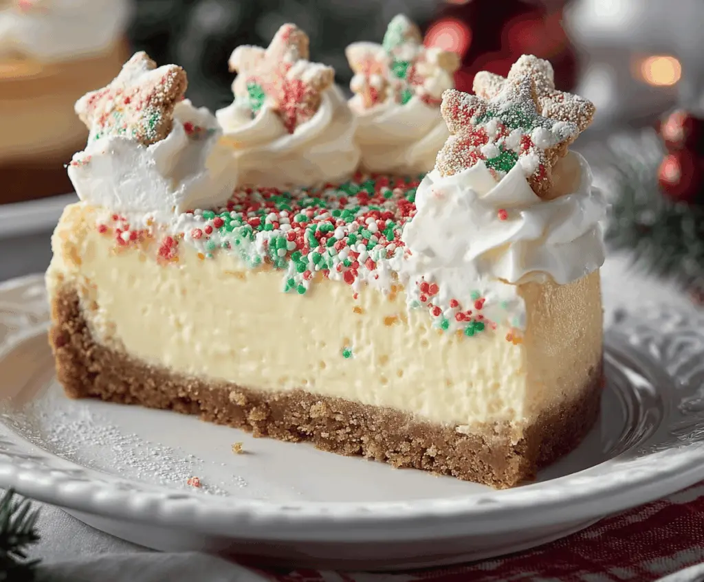 Festive Christmas Sugar Cookie Cheesecake with colorful icing and sprinkles, perfect for holiday celebrations.