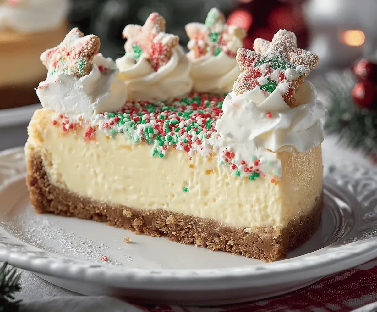 Festive Christmas Sugar Cookie Cheesecake with colorful icing and sprinkles, perfect for holiday celebrations.