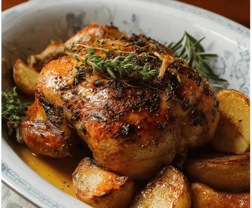 Succulent oven-roasted Cornish hen glazed with cider and maple syrup, served with crispy roasted vegetables.