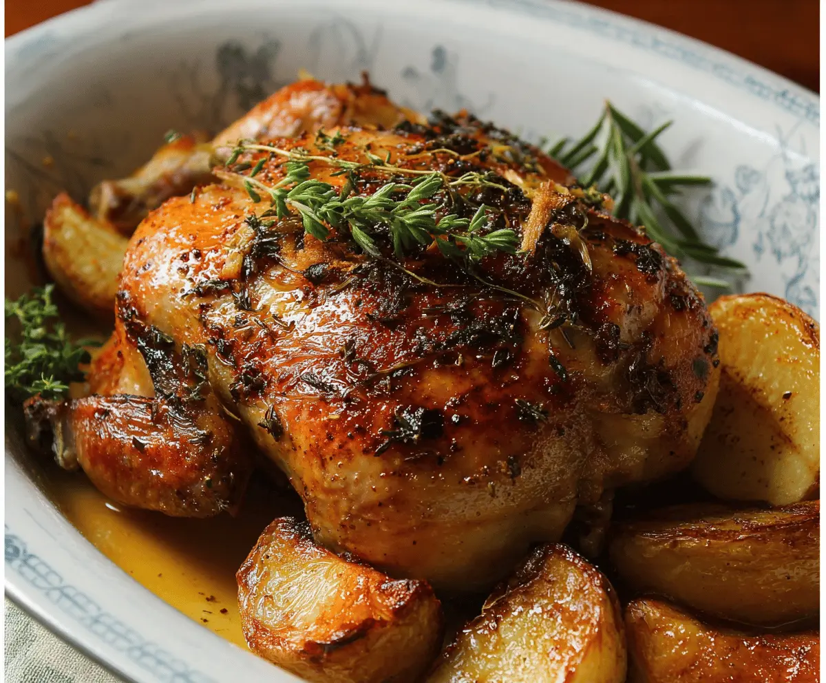 Succulent oven-roasted Cornish hen glazed with cider and maple syrup, served with crispy roasted vegetables.