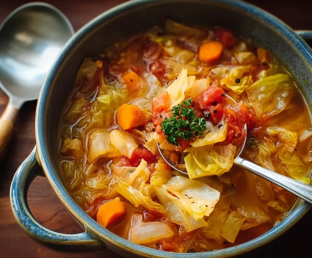 Bowl of hearty classic cabbage soup with fresh vegetables ready to serve.