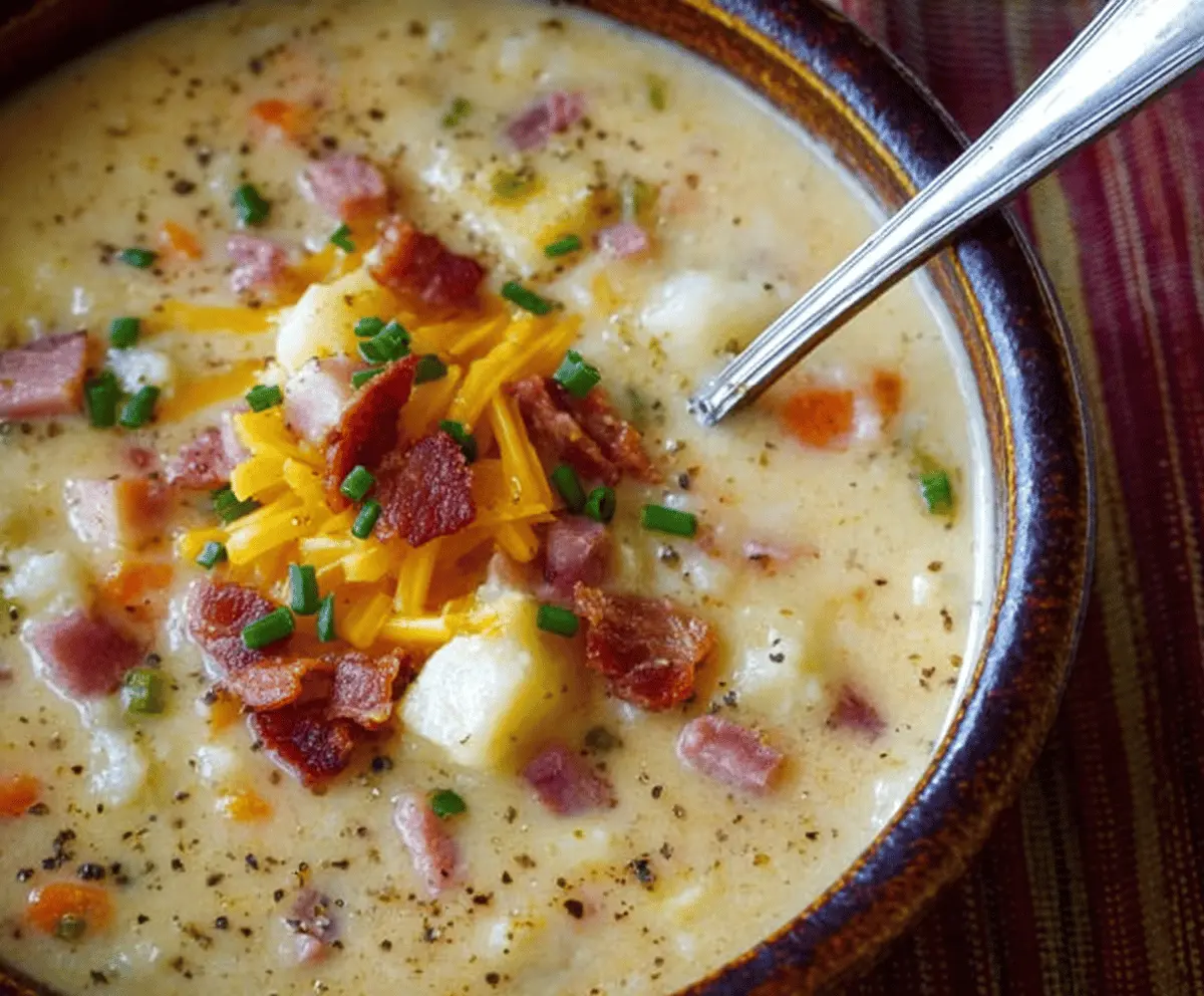 Hearty classic Old Fashioned Loaded Potato Soup with cheese, bacon, and green onions.