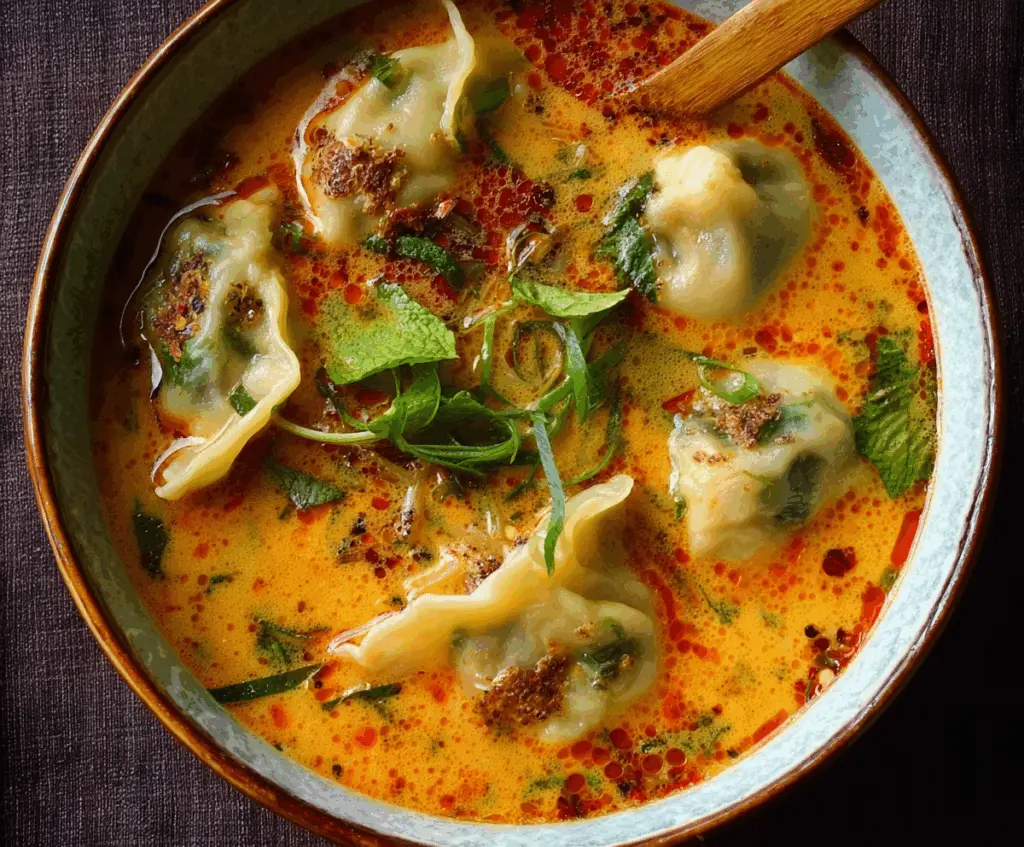 Creamy coconut curry soup served with fluffy dumplings in a bowl, perfect for a comforting meal.