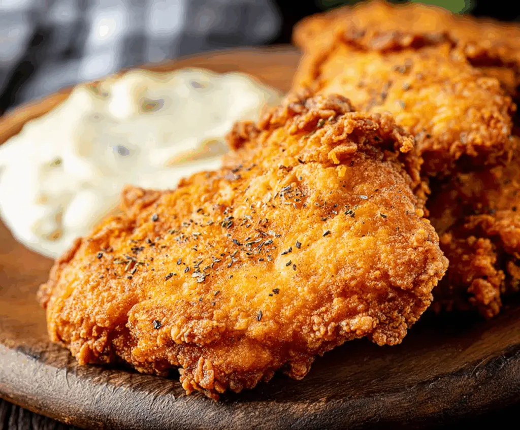Crispy country fried chicken served with a side of mashed potatoes and gravy.