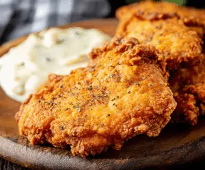 Crispy country fried chicken served with a side of mashed potatoes and gravy.