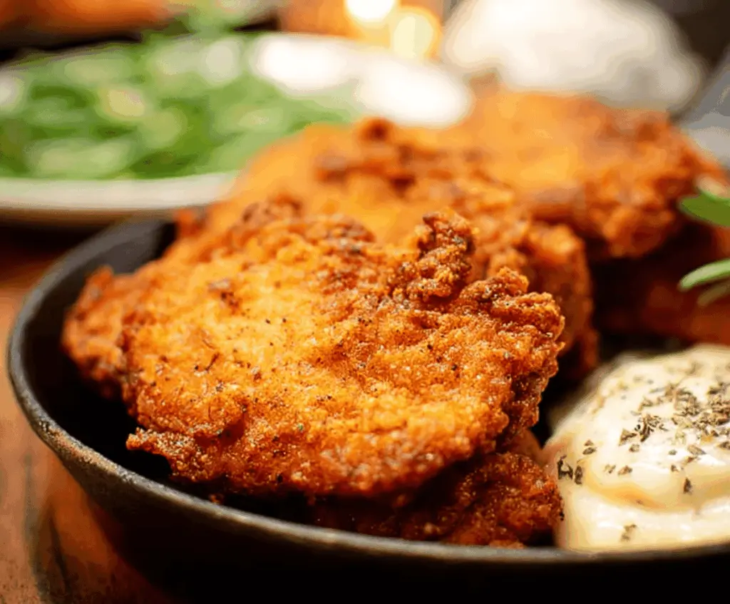 Crispy country fried chicken served with mashed potatoes and gravy on a rustic plate