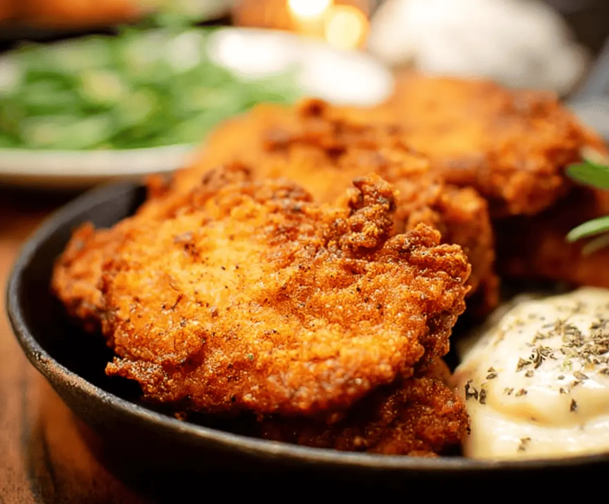 Crispy country fried chicken served with mashed potatoes and gravy on a rustic plate