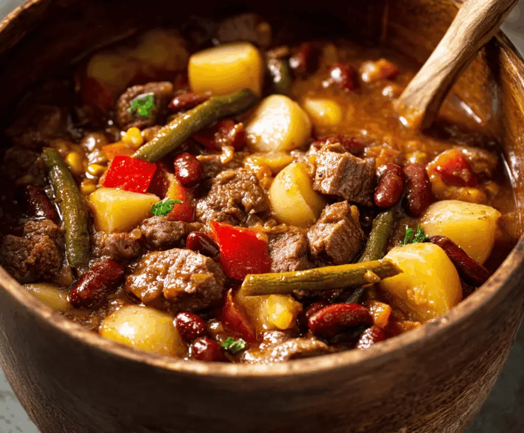 Delicious cowboy stew with tender beef, vegetables, and spices in a rustic bowl.