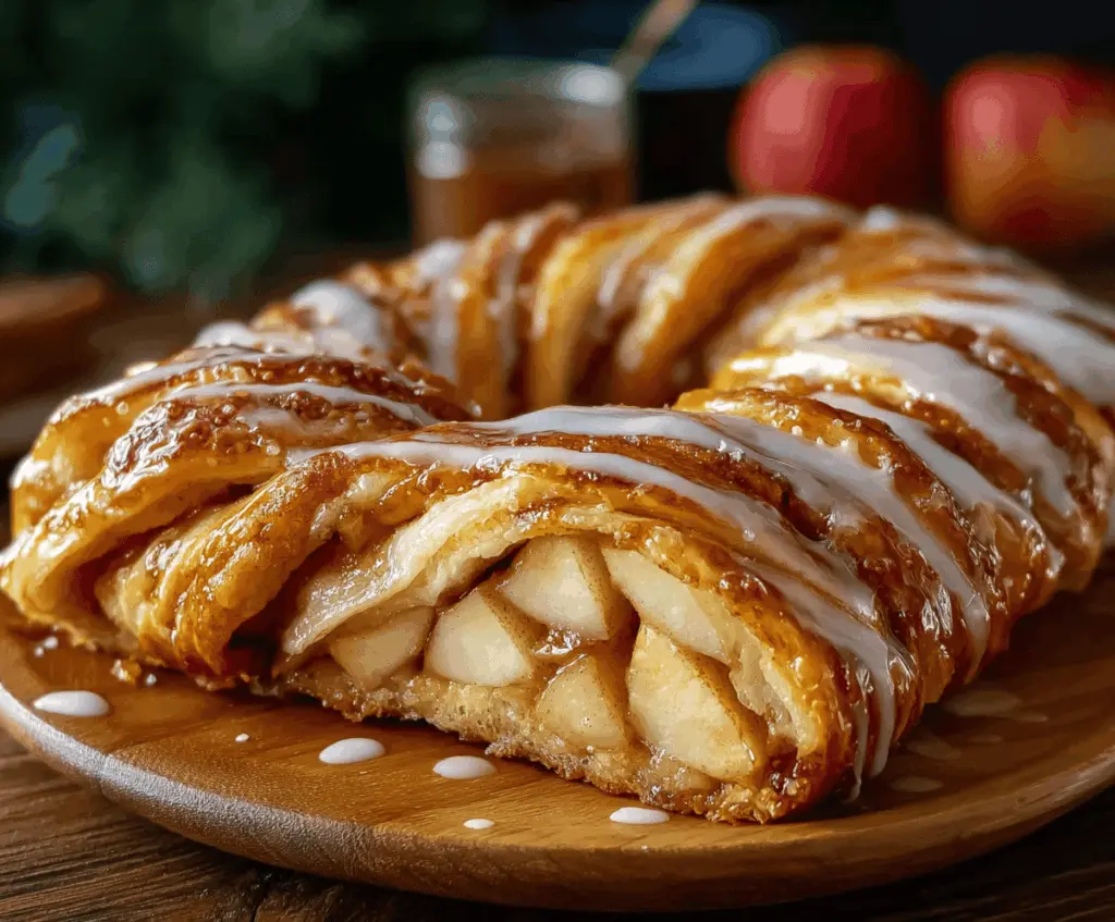Homemade Cozy Apple Kringle topped with Vanilla Glaze displayed on a plate.