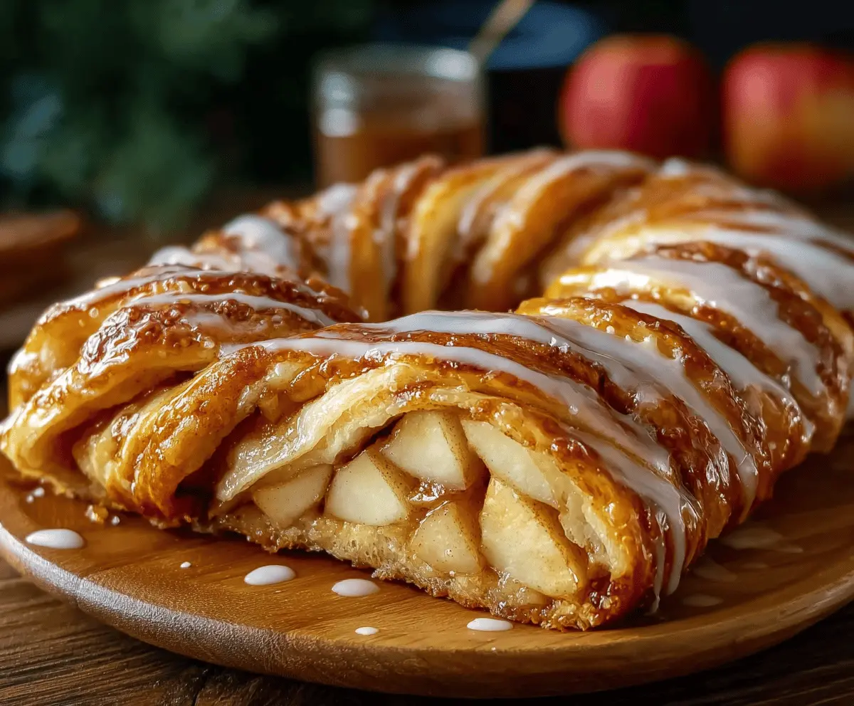 Homemade Cozy Apple Kringle topped with Vanilla Glaze displayed on a plate.