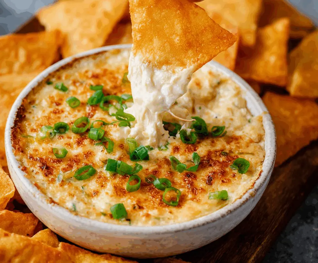 Creamy Crab Rangoon Dip served with crispy wonton chips, ideal for appetizers and parties.