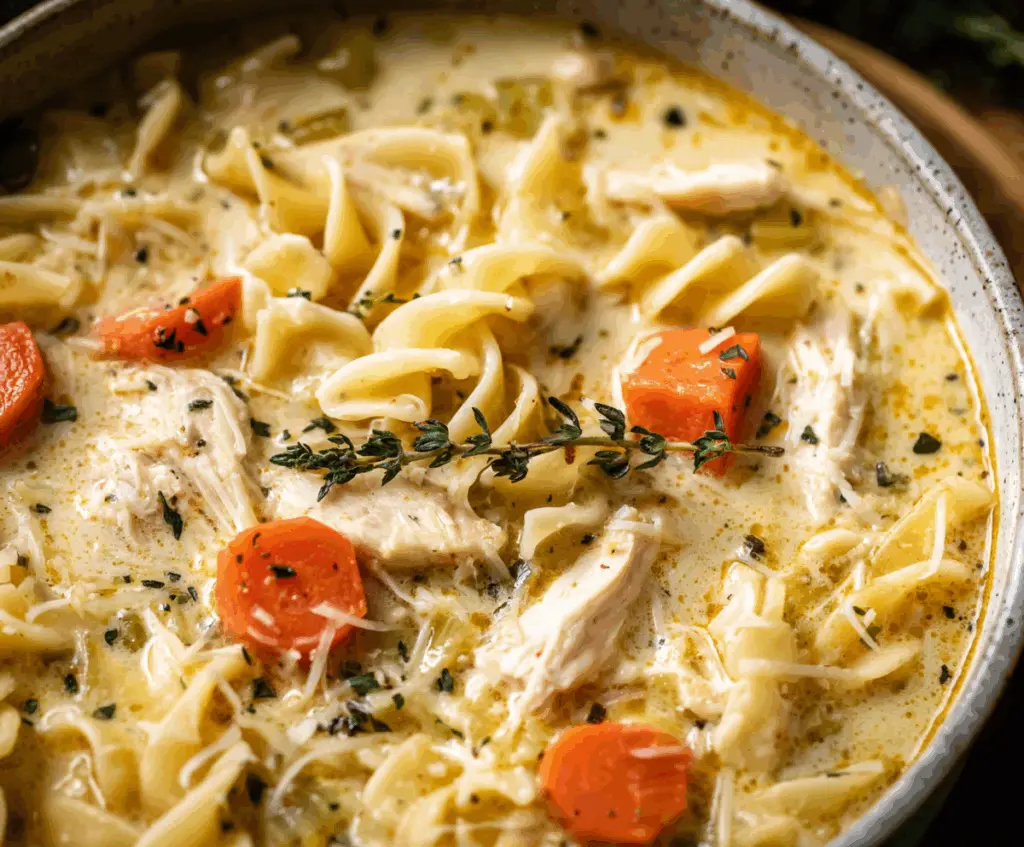 Hearty creamy chicken pasta soup in a bowl, garnished with herbs - perfect comfort food.
