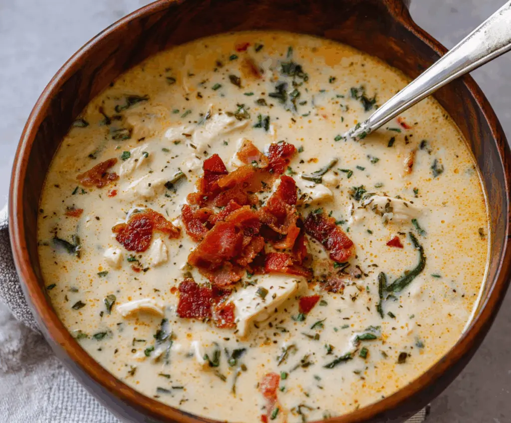 Creamy Crack Chicken Soup in a bowl with herbs and diced chicken for a comforting meal.
