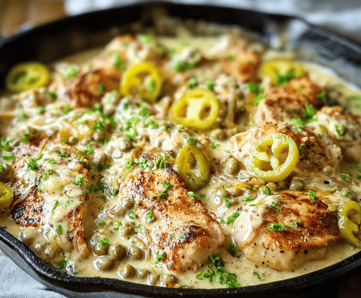 Creamy pepperoncini chicken skillet served in a rustic dish with a creamy sauce and fresh herbs.