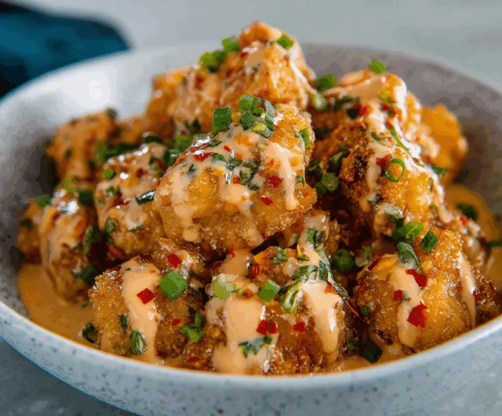 Delicious crispy Bang Bang chicken served on a plate with a side of vegetables.