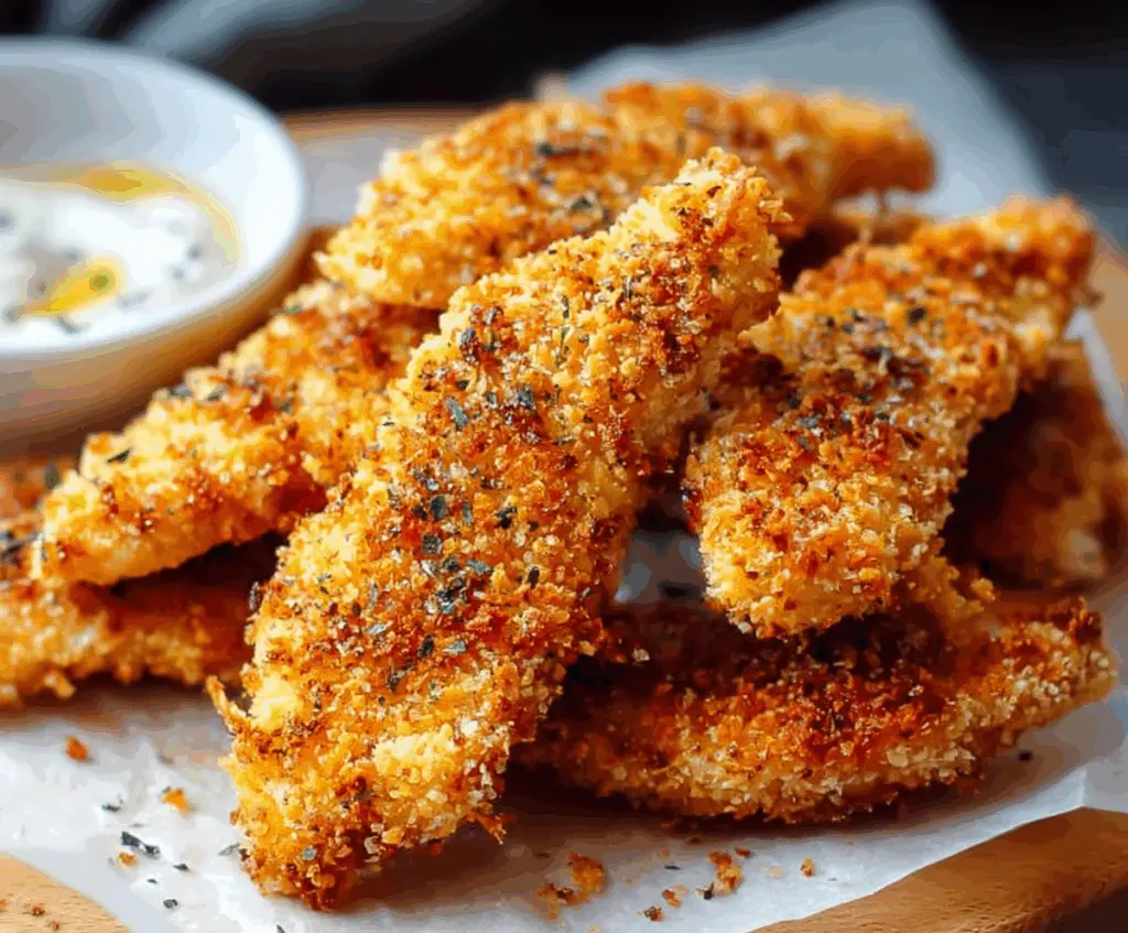 Crunchy homemade baked chicken tenders on a plate, perfect for a healthy snack or meal.