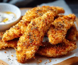 Crunchy homemade baked chicken tenders on a plate, perfect for a healthy snack or meal.
