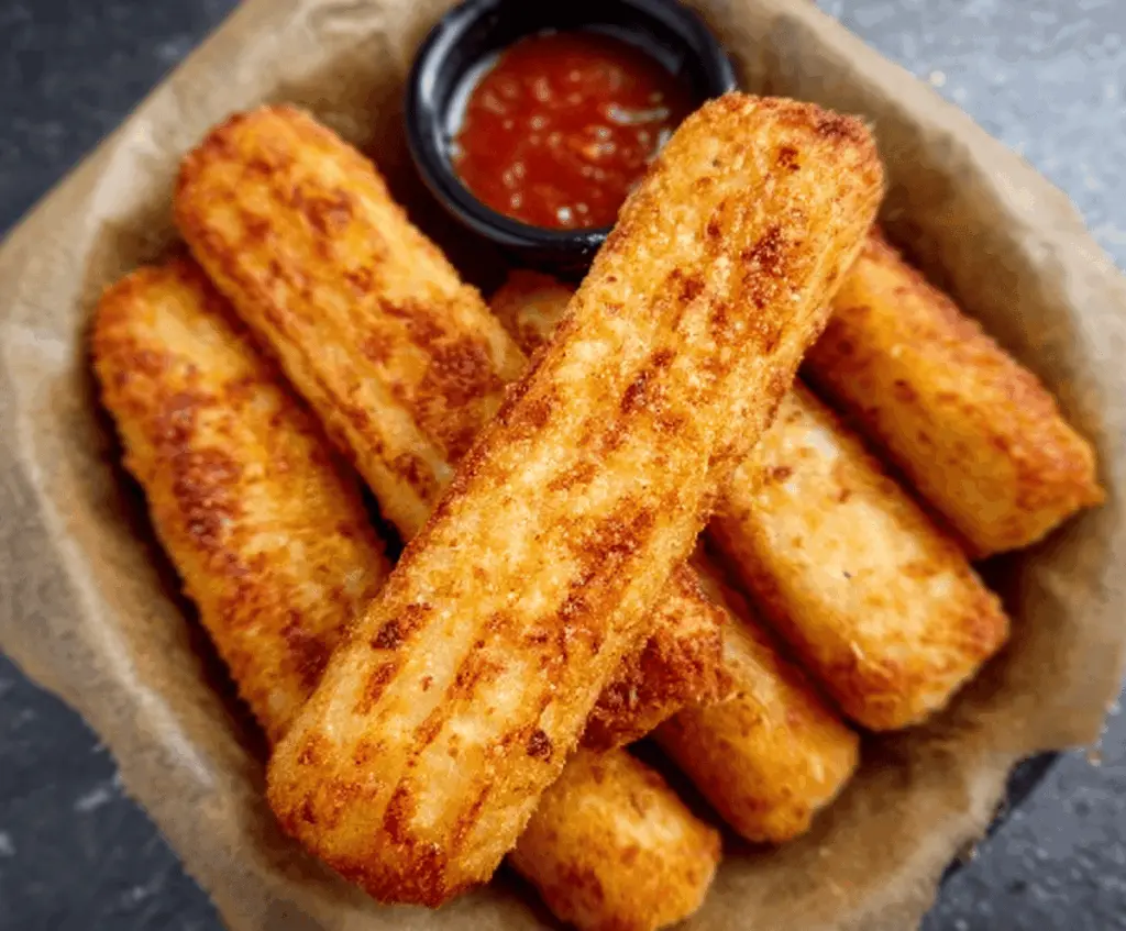 Crispy Hungarian potato cheese sticks on a plate, served as an irresistible snack sensation.