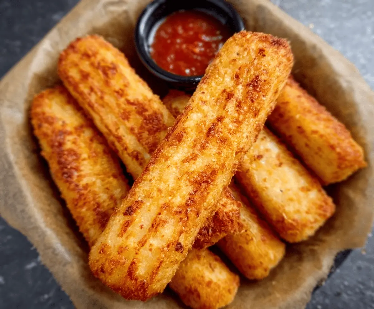 Crispy Hungarian potato cheese sticks on a plate, served as an irresistible snack sensation.