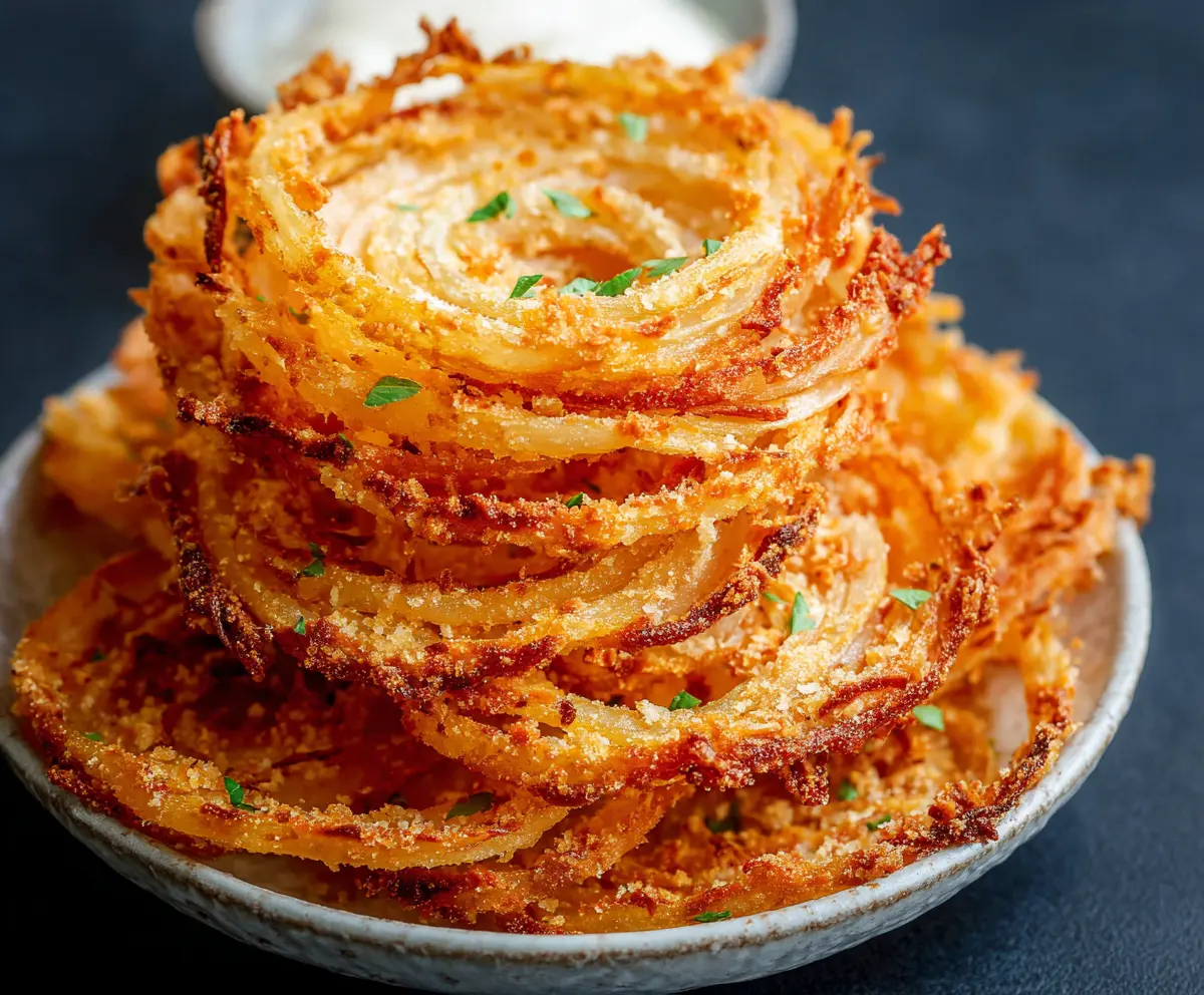 Crispy Parmesan Onion Ring Chips on a serving plate, garnished with fresh herbs