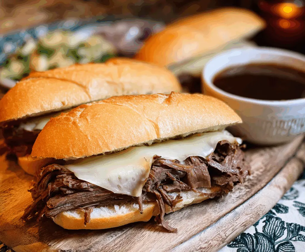 Delicious Crock Pot French Dip Sandwiches in a sandwich bun with melted cheese and tender beef au jus.