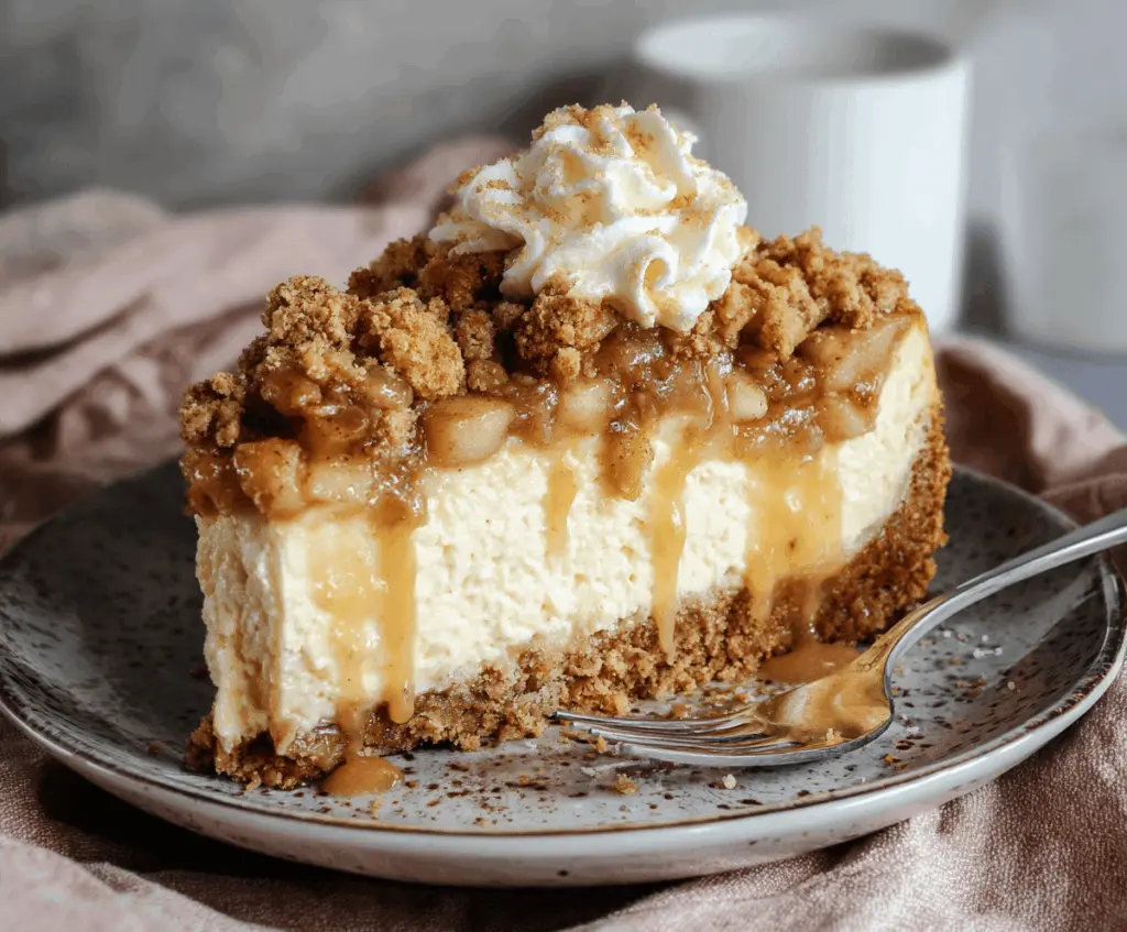 Creamy apple crumble cheesecake topped with golden crispy crumbs and fresh apple slices, perfect for dessert lovers.