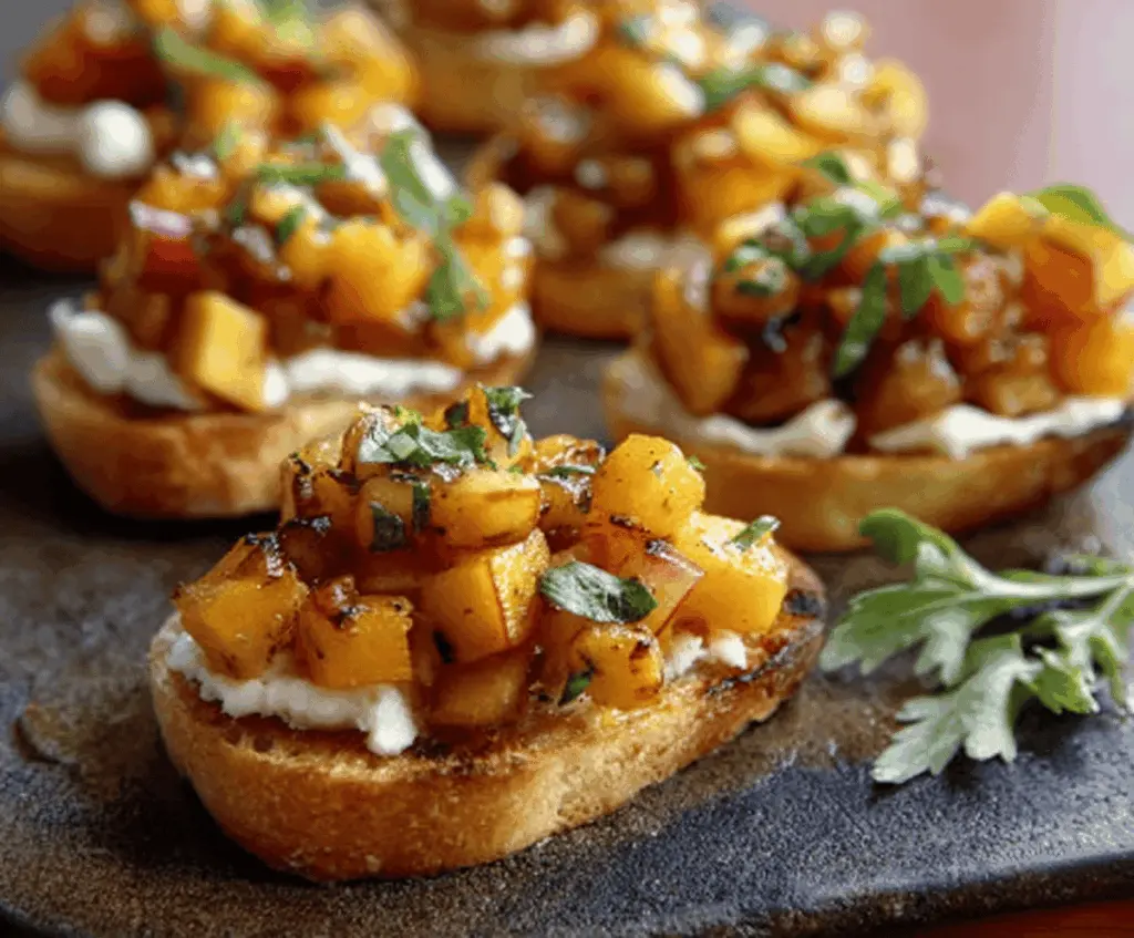 Fall-inspired bruschetta topped with roasted butternut squash and fresh apples, perfect for a seasonal appetizer.