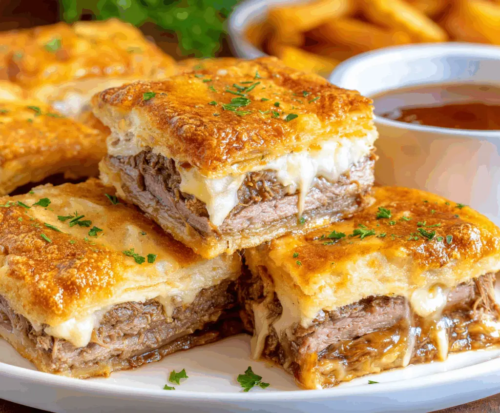 Savory French Dip Squares on a platter with melted cheese and tender beef slices